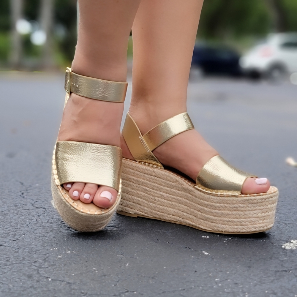 Gold Platform High Ankle Strap Wedge Espadrilles - Picture 3 of 8